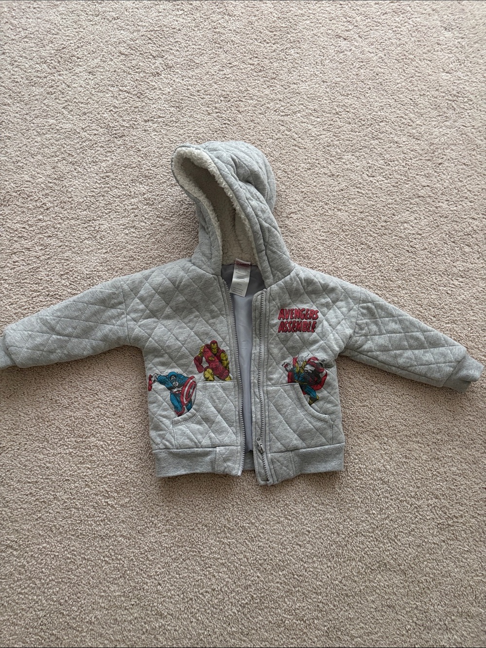 Marvel Kids Gray Quilted Hooded Jacket with Avengers Patches